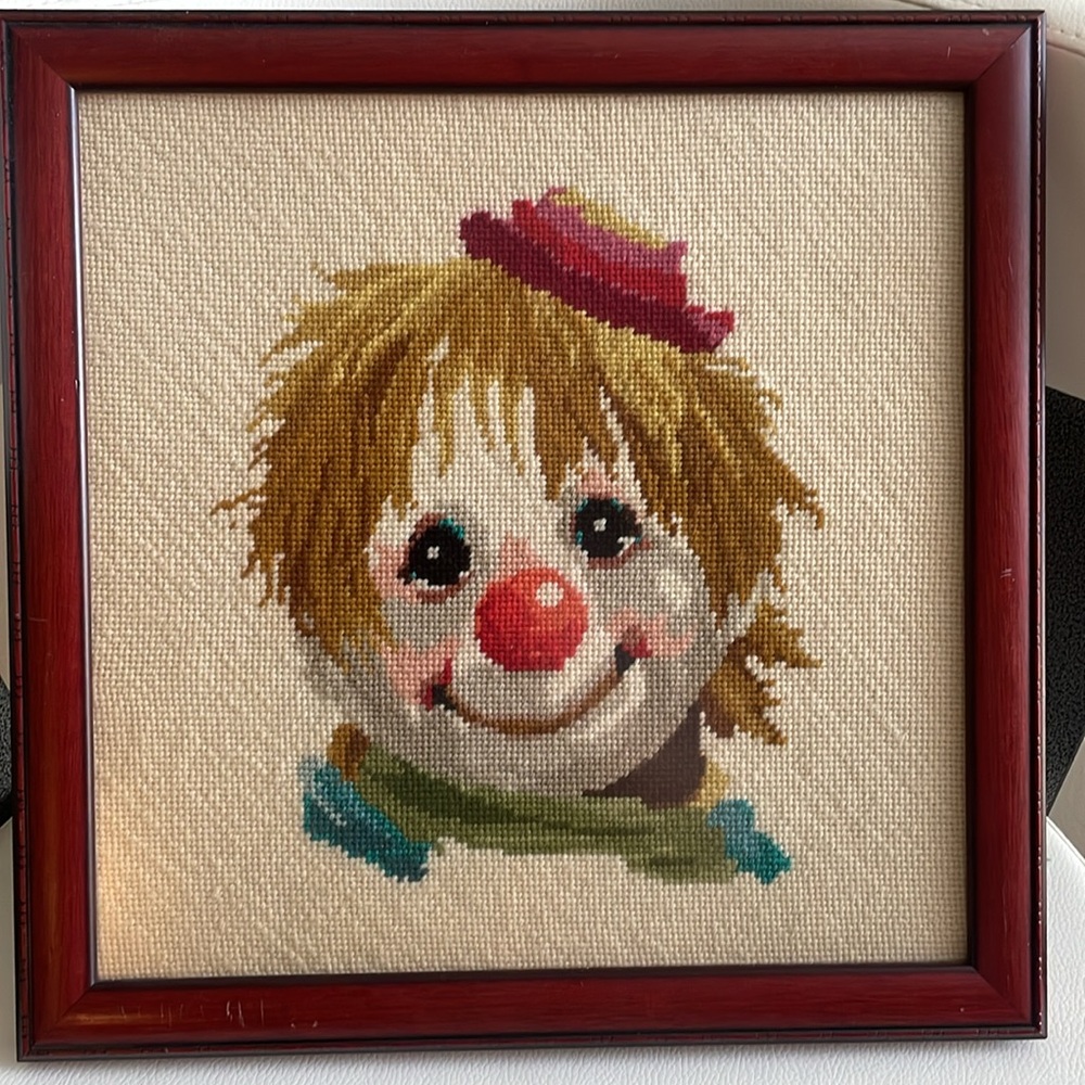 Cross Stitch Clown Portrait 12.5” X 12.5” Non Glare Glass Wine Frame 1980